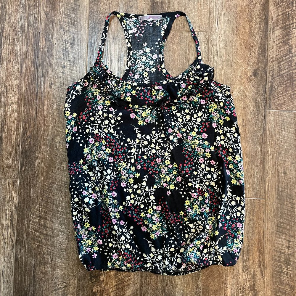 Julie's Closet Medium Black Vintage Ruffle Neck Racerback Floral Tank
